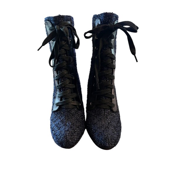Forever 21 Tweed Lace-up Boots w Zipper Size 7.5 Blue Metallic Grandma Boots - Picture 5 of 10